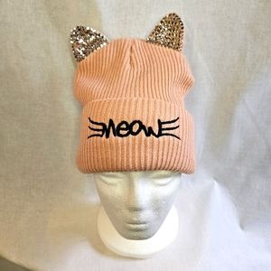 Pink Meow Cat Ear beanie hat with sparkle ears
